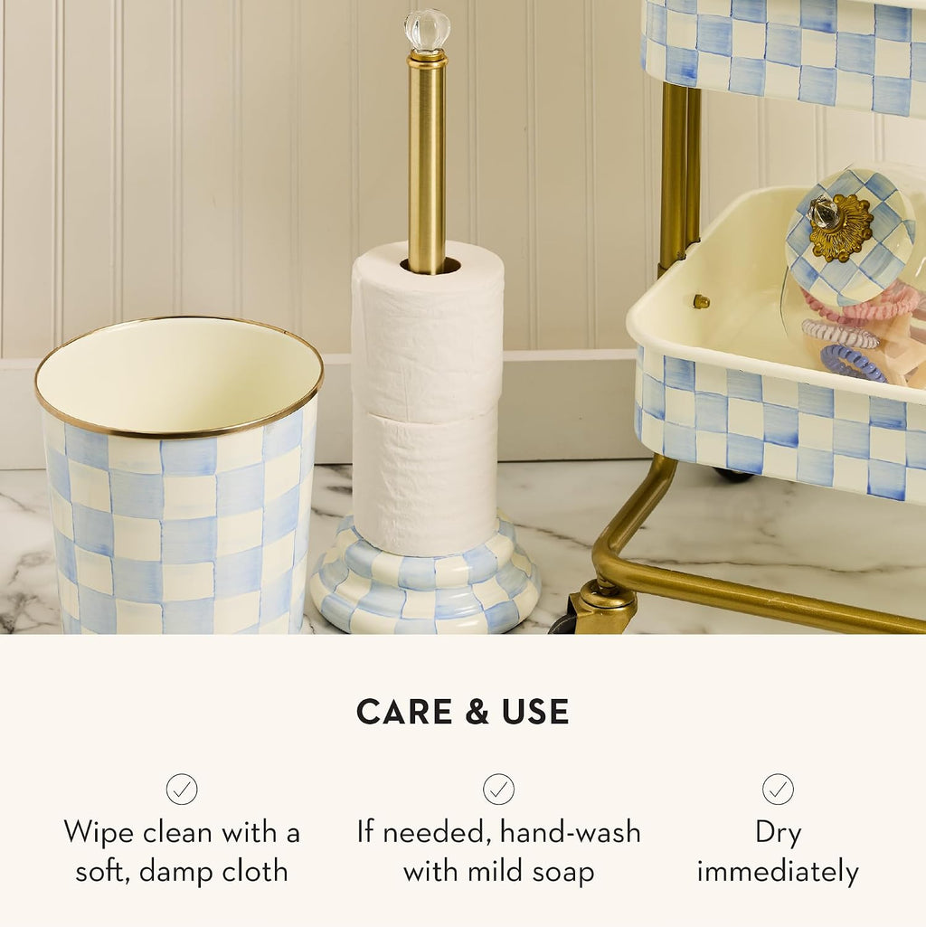 MACKENZIE-CHILDS Enamel Toilet-Tissue Storage, Decorative Toilet-Paper-Holder Stand for Bathroom, Light-Blue-and-White Sky Check