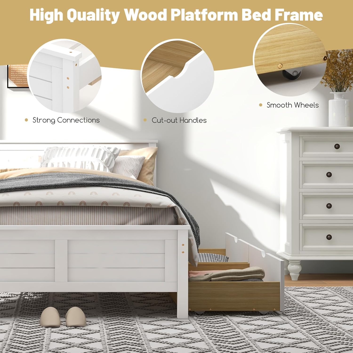 GOFLAME Twin Size Bed Frame with 2 Drawers, Platform Bed with Solid Wood Headboard & Footboard, Wood Slats Support Mattress Foundation, Under Bed Storage, No Box Spring Needed, Easy Assembly, White