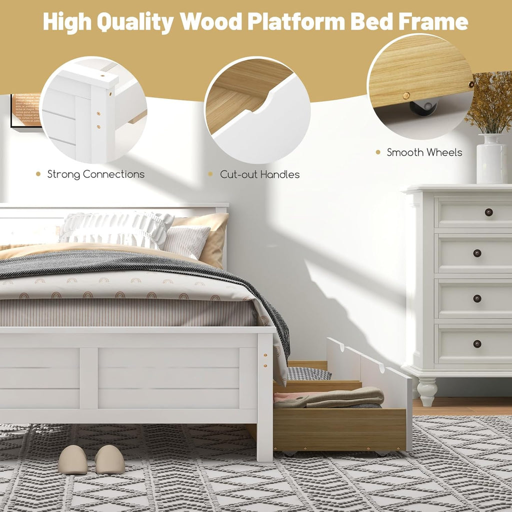 GOFLAME Full Size Bed Frame with 2 Drawers, Platform Bed with Solid Wood Headboard & Footboard, Wood Slats Support Mattress Foundation, Under Bed Storage, No Box Spring Needed, Easy Assembly, White