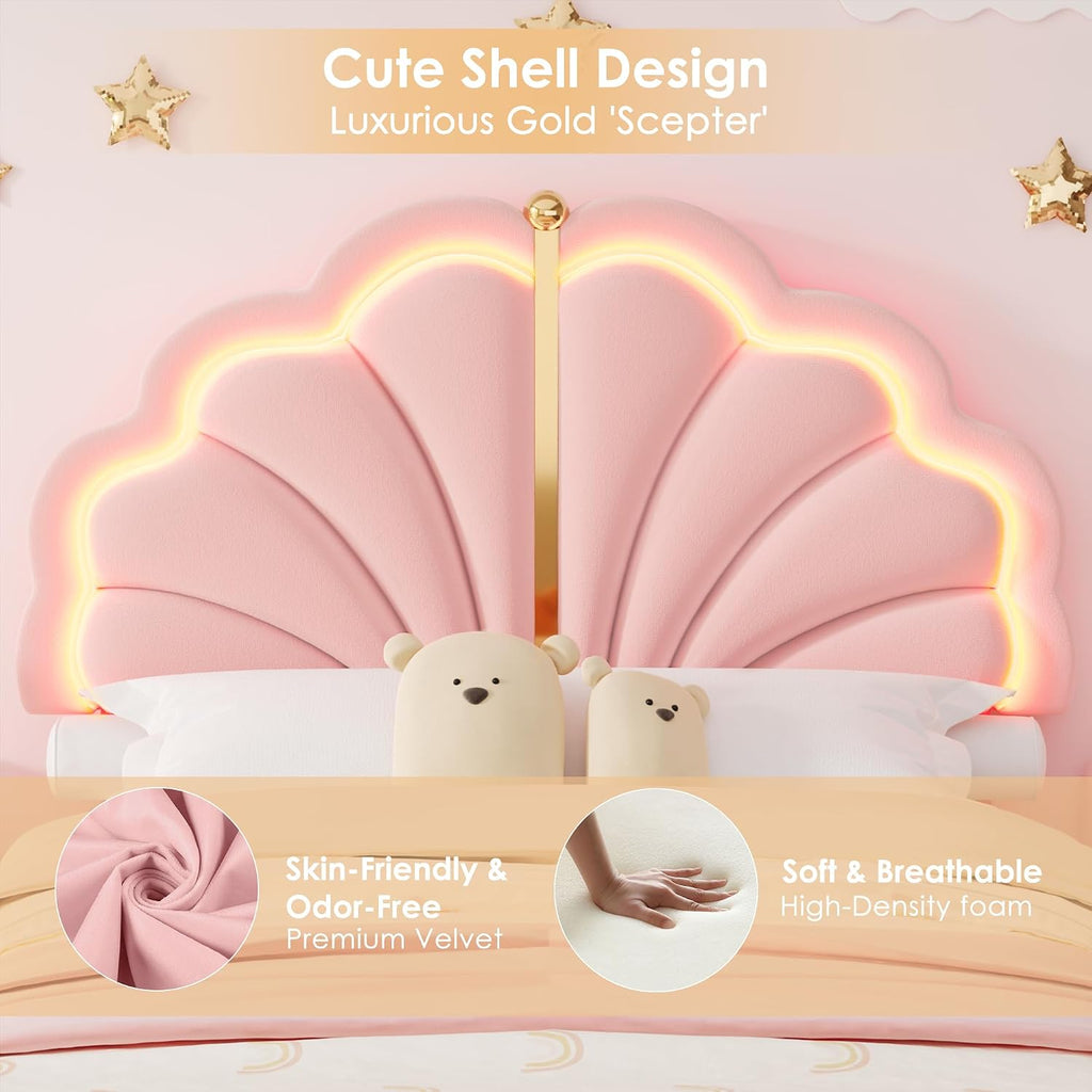 Keyluv Twin Princess Bed Frame with Storage Drawers, Soft Velvet Upholstered LED Platform Bed with Adjustable Cute Shell Headboard, No Box Spring Needed, Noise-Free, Pink