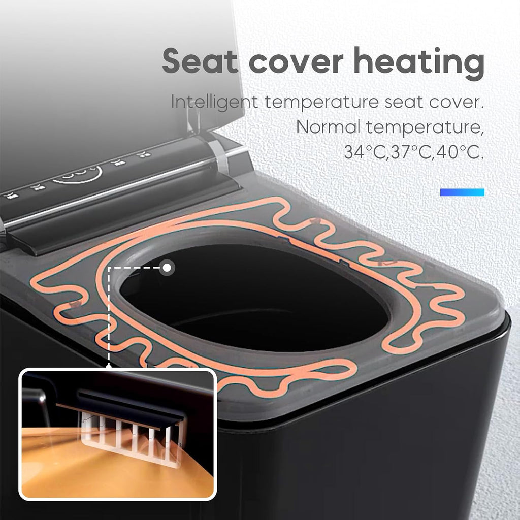 Black Square Luxury Smart Bidet Toilet with Remote Control, Tankless Design, Foot-Sensing Lid Operation, Auto Flush & Closing, Heated Seat & Warm Air Dryer, Unique Fashionable Shape