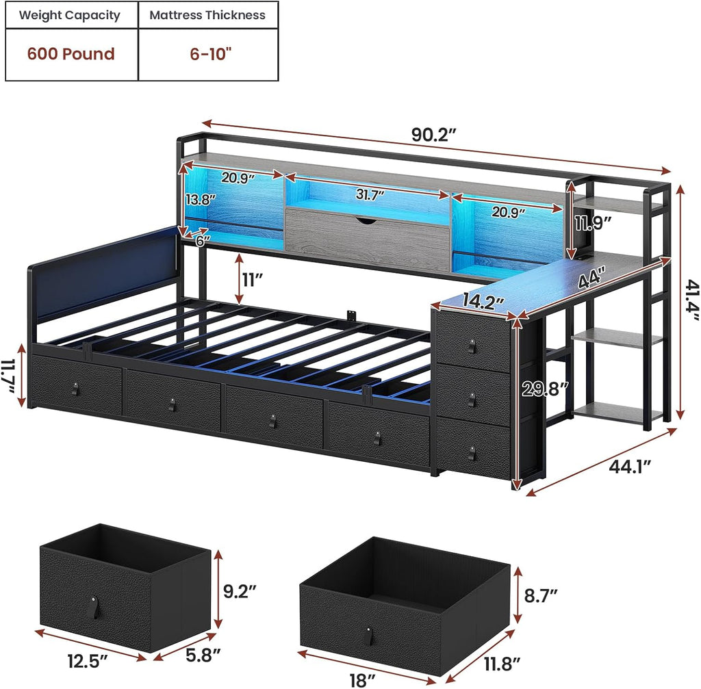 ADORNEVE Corner Bed Frame Twin Size with Desk, Storage Bookcase & 7 Drawers, Twin Metal Platform Daybed with Charging Station and RGB Lights, for Kids Bedroom, Black&Oak Gray