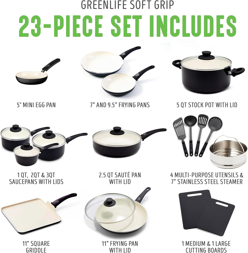 GreenLife Soft Grip Healthy Ceramic Nonstick 23 Piece Kitchen Cookware Pots and Frying Sauce Saute Pans Set with Kitchen Utensils, PFAS-Free, Dishwasher Safe, Black