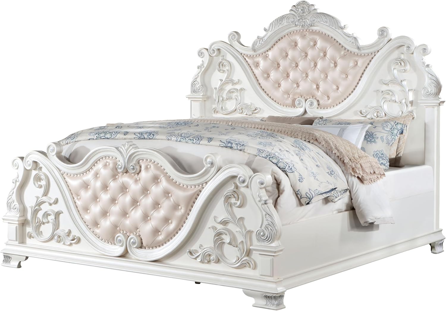 Furniture of America Clairibel Traditional Wood Eastern King-Size Bed with Button-Tufted Headboard and Carved Details, Box Spring Required for Bedroom, Guess Room, Pear White