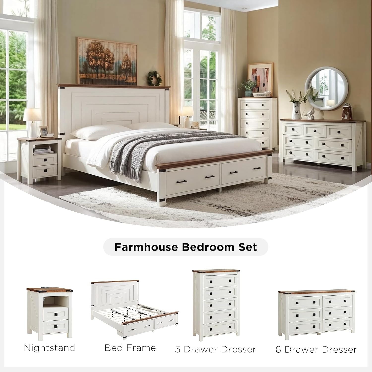 T4TREAM Farmhouse Queen Size Bed Frame with 54' Tall Geometric Headboard & 2 Large Storage Drawers, Rustic Wood Platform Bed with Wood Slats Support, No Box Spring Needed, Antique White