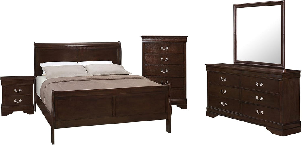 Coaster Home Furnishings Louis Philippe 4-piece Bedroom Set Full Size Traditional Wooden Sleigh Bed Frame 47-Inch Panel Headboard Nightstand Dresser Mirror and Chest Cappuccino Brown 202411F-S5
