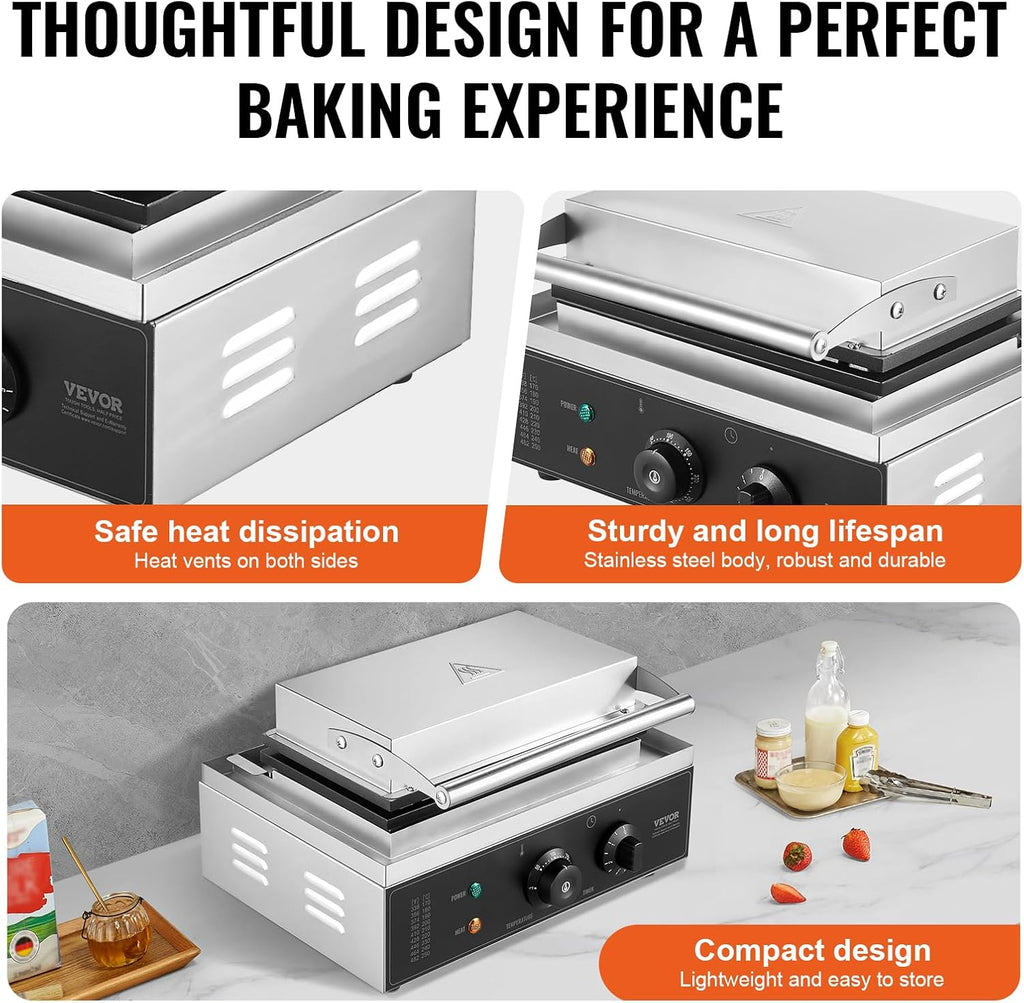 VEVOR Commercial Waffle Stick Maker, 6PCS 1500W Waffle Baker Machine, Non-Stick Stainless Steel Corn Hot Dog Waffle Iron with Temp and Time Control, Handle, for Restaurant Bakery Snack Bar Family