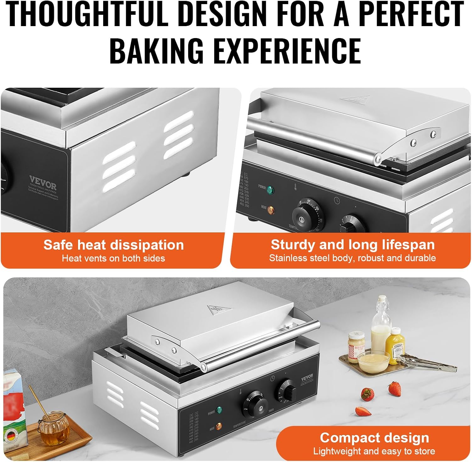 VEVOR Commercial Waffle Stick Maker, 6PCS 1500W Waffle Baker Machine, Non-Stick Stainless Steel Corn Hot Dog Waffle Iron with Temp and Time Control, Handle, for Restaurant Bakery Snack Bar Family