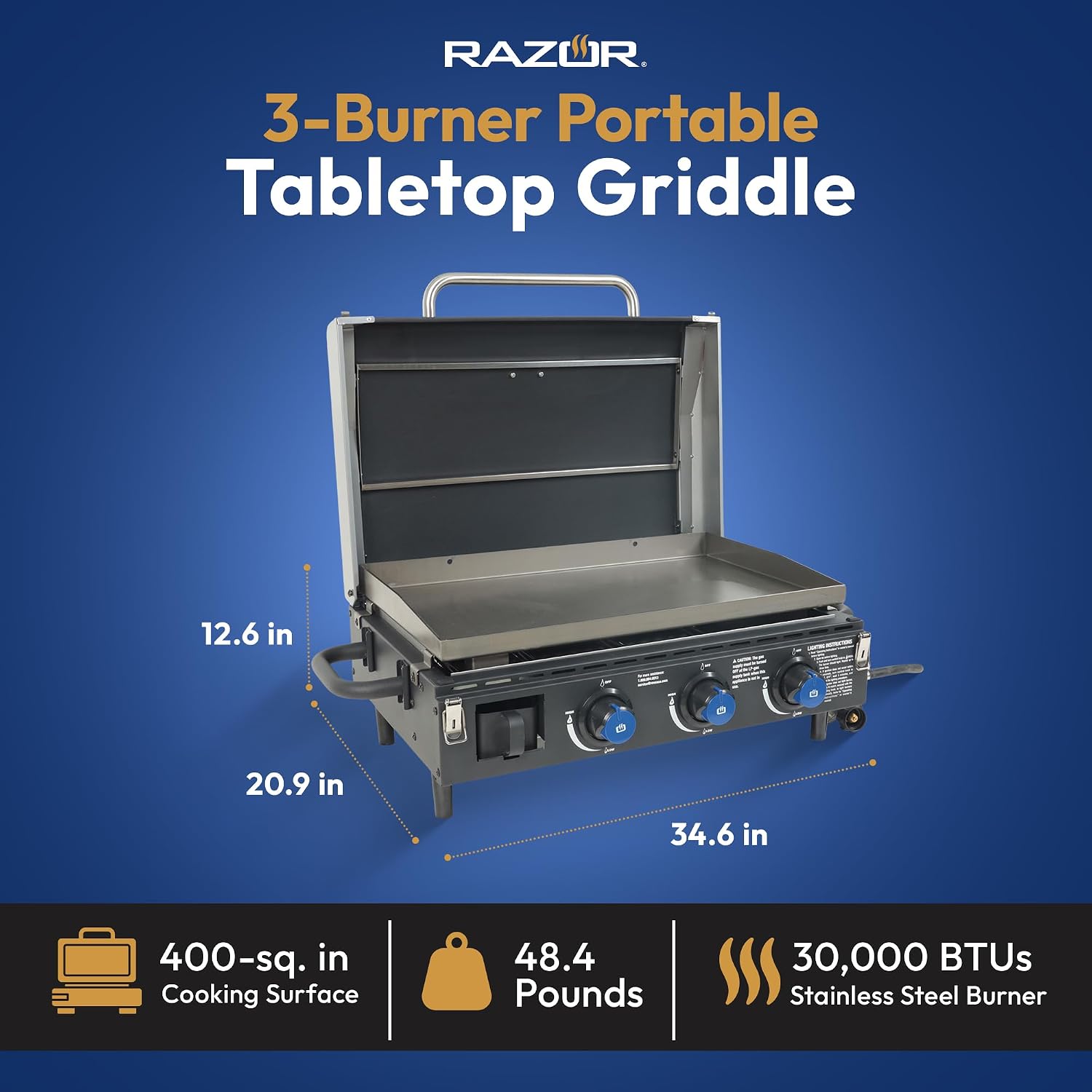 Razor 25 in. 3-Burner Portable Propane Gas Griddle with Lid in Black GGC2228MG