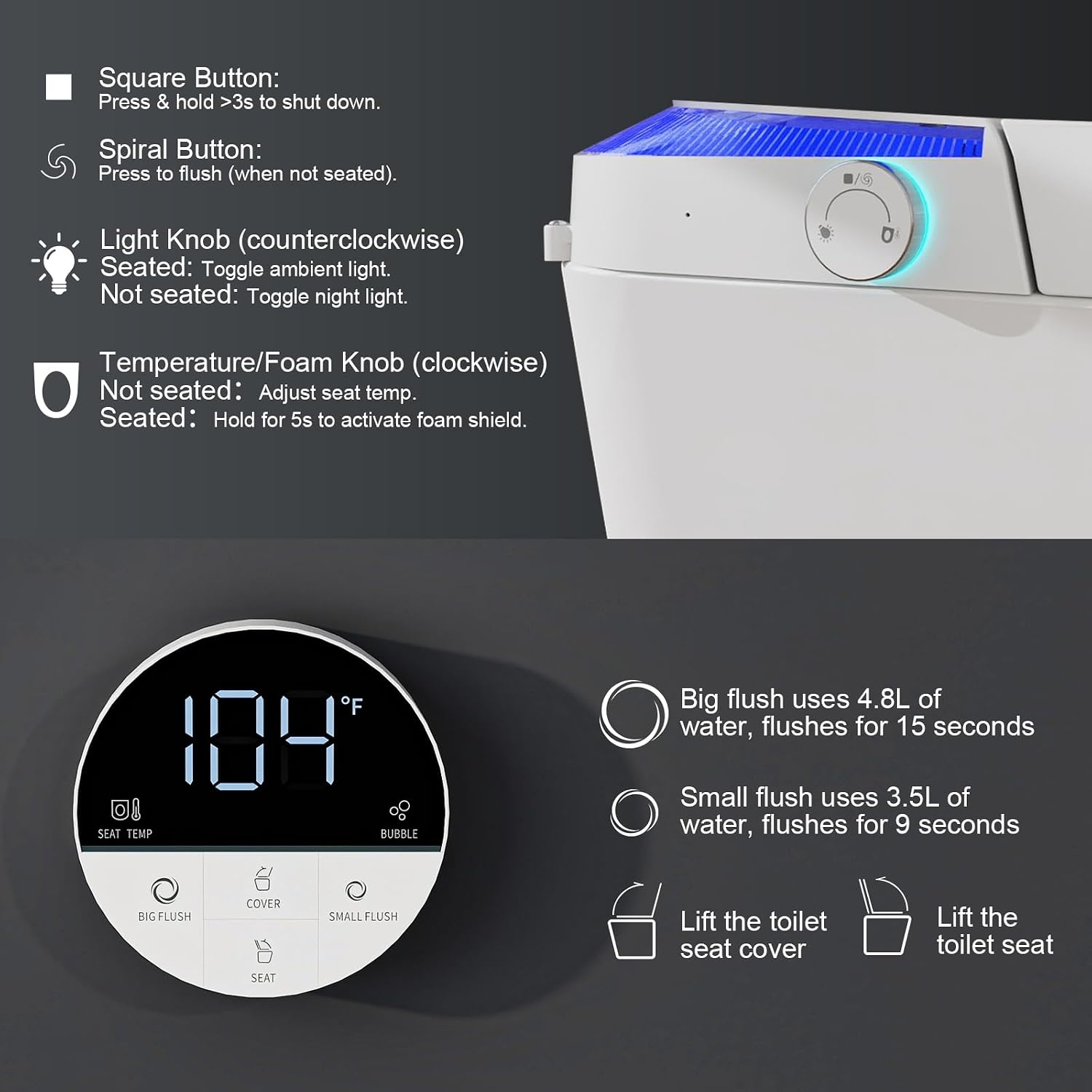 Modern Smart Toilet with Foam Shield, No Bidet Build in, One Piece Tankless Toilet with Heated Seat, Auto Flush & Night Light, Auto Open/Close Lid