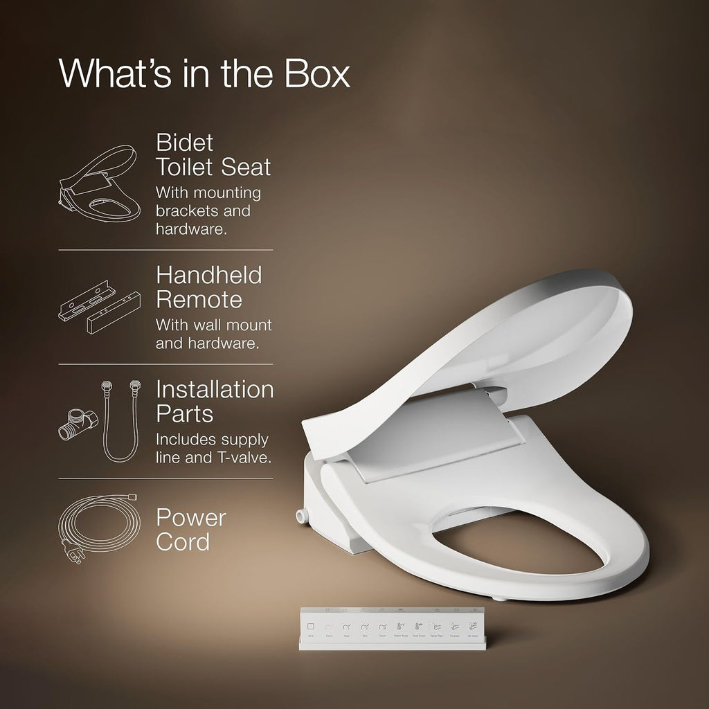 Kohler PureWash E815 Elongated Bidet Toilet Seat, Warm Water, White with Remote Control, Self Cleaning Wand, Adjustable Spray Controls, Heated Seat, Easy Installation Bidet Attachment