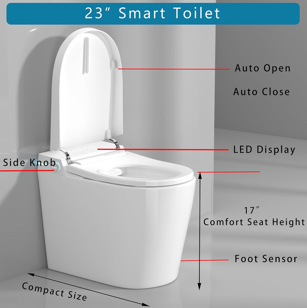 WinZo 23' Compact Smart Toilet with Bidet Seat Built-in For Small Bathroom, Auto Flush, LED Night Light,Heated Bidet with Warm Air Drying (White with White panel)