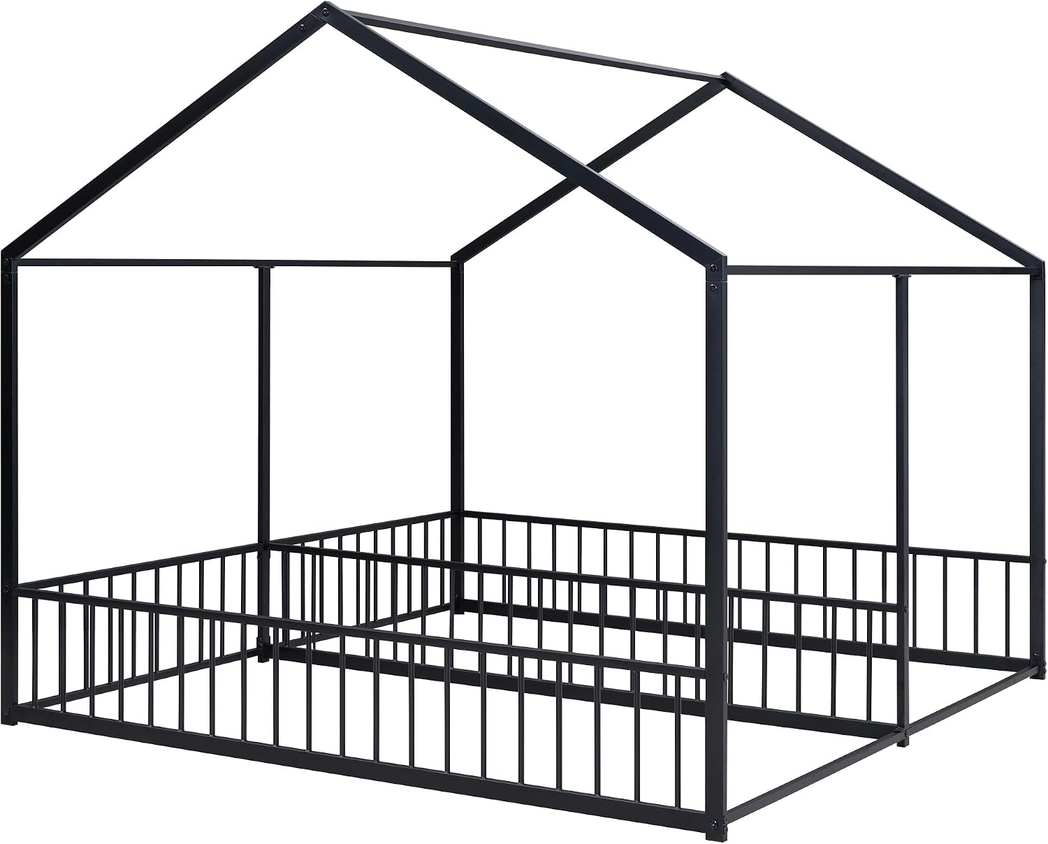 Double Floor Bed for Twins,Twin Size House Bed for 2 Kids,Two Shared Beds,Twin House Platform Beds,Metal Floor Bed Frame with Rails for Girls,Boys(Black)