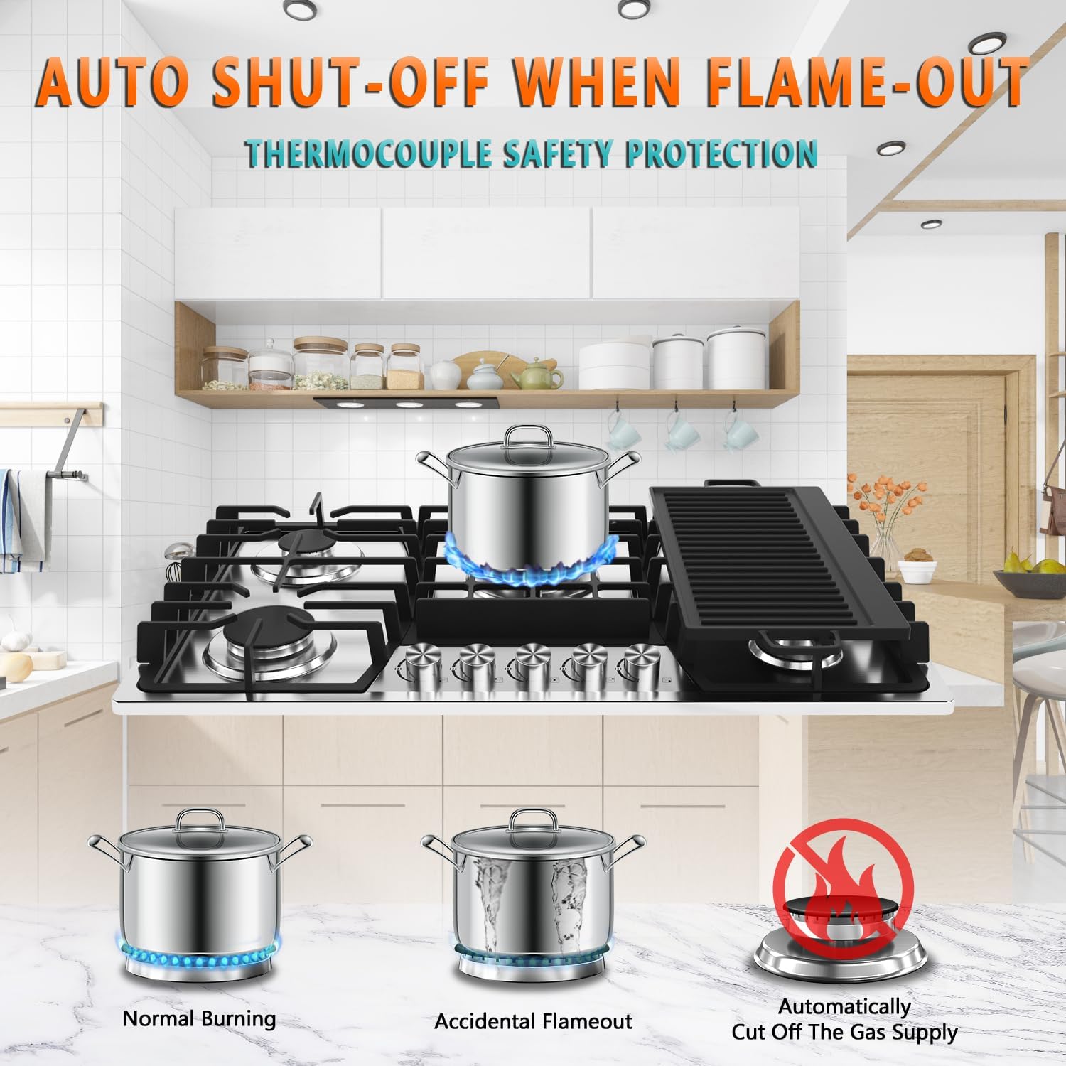 36 Inch Gas Cooktop with Griddle, Gas Stove Top with 5, Reversible Cast Iron Grill/Griddle, NG/LPG Convertible, with Thermocouple Protection, Stainless Steel