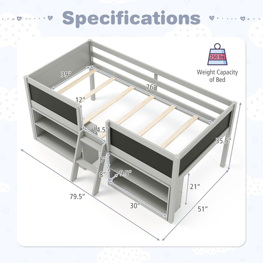 Giantex Low Loft Bed Twin Size, Wooden Loft Bed with Ladder & Blackboard, Twin Bed Frames for Kids with Storage 2 Bookcases and Play Space, Grey
