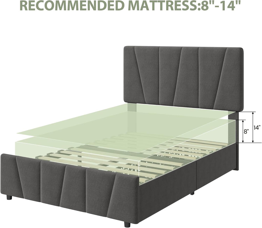 Twin Size Bed Frame with Upholstered Headboard & 2 Storage Drawers with Wheels, Platform Bed Frame with Wooden Slat Support, Adjustable Headboard, No Box Spring Needed, Noise-Free, for Bedroom