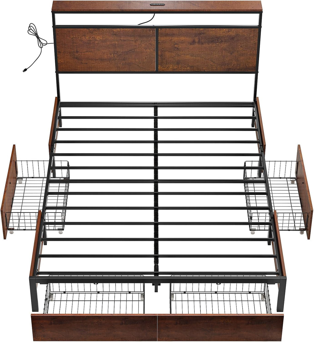 HAUSOURCE Queen Bed Frame with 4 Storage Drawers Metal Platform Bed Frame Queen Size with Headboard Charging Station LED Lights Non-Slip Without Noise No Box Spring Needed
