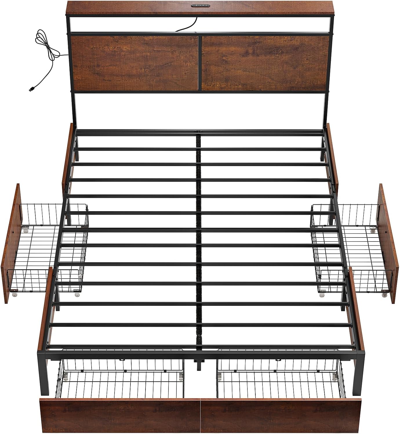 HAUSOURCE Queen Bed Frame with 4 Storage Drawers Metal Platform Bed Frame Queen Size with Headboard Charging Station LED Lights Non-Slip Without Noise No Box Spring Needed