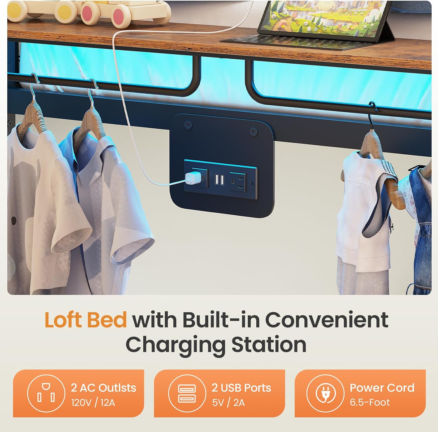 Itaar Metal Bunk Bed Twin Over Twin with Hall Tree, Power Outlet, LED Bunk Bed with 4 Storage Drawers, Bed with Safety Guardrail & Ladders, No Box Spring Needed, Easy Assembly, Rustic Brown