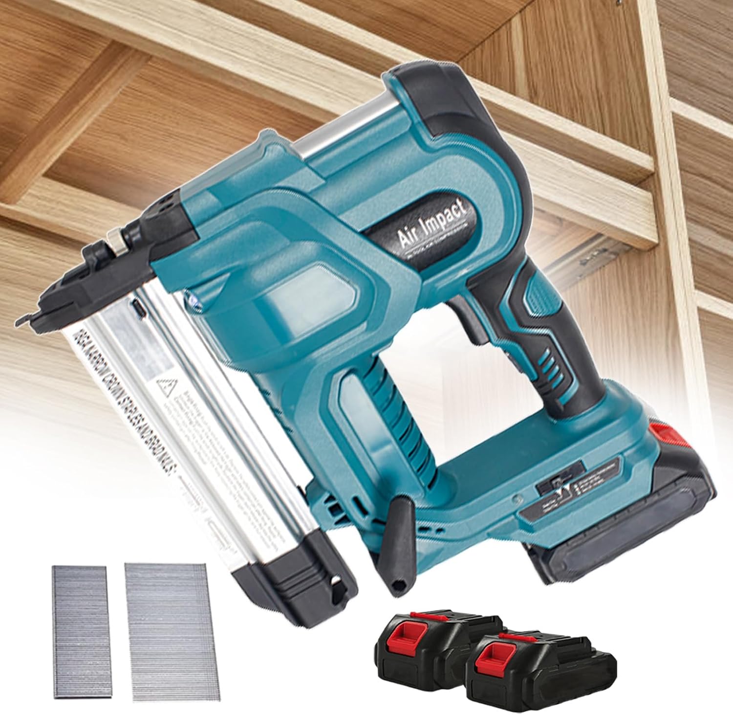 Cordless Brad Nailer, Punch Framing Nailer, for 32 Mm Staples & 50 Mm Straight Nails, Nailing Machine for Wood, with Auxiliary Lighting, for Tacking Cardboard, Fabric, Leather,Blue