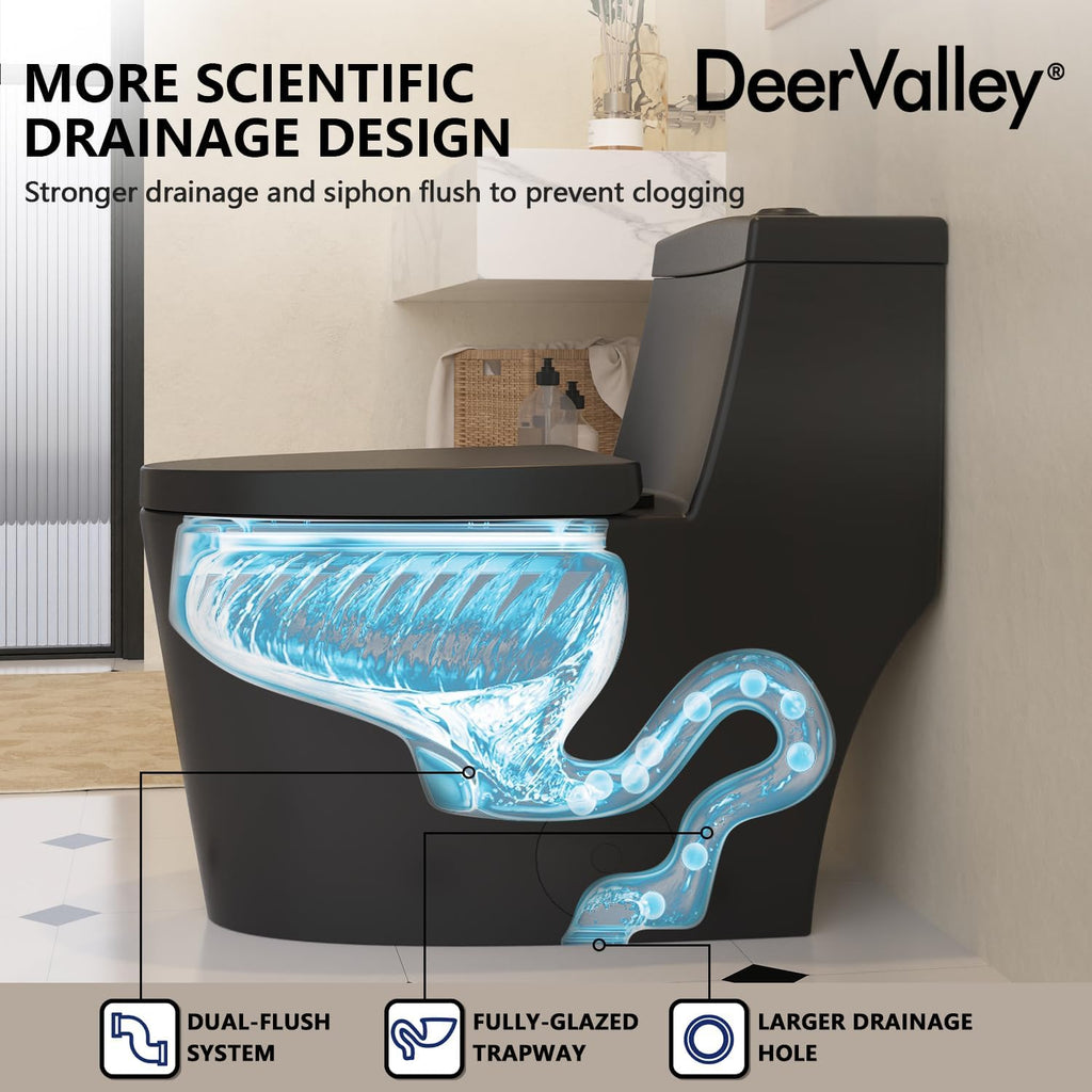 DeerValley One Piece Toilet Elongated 1.1/1.6 GPF Dual Flushing Toilets with 17' ADA Comfortable Chair Seat 12' Rough-In High-Efficiency Black Toilet DV-1F52636B
