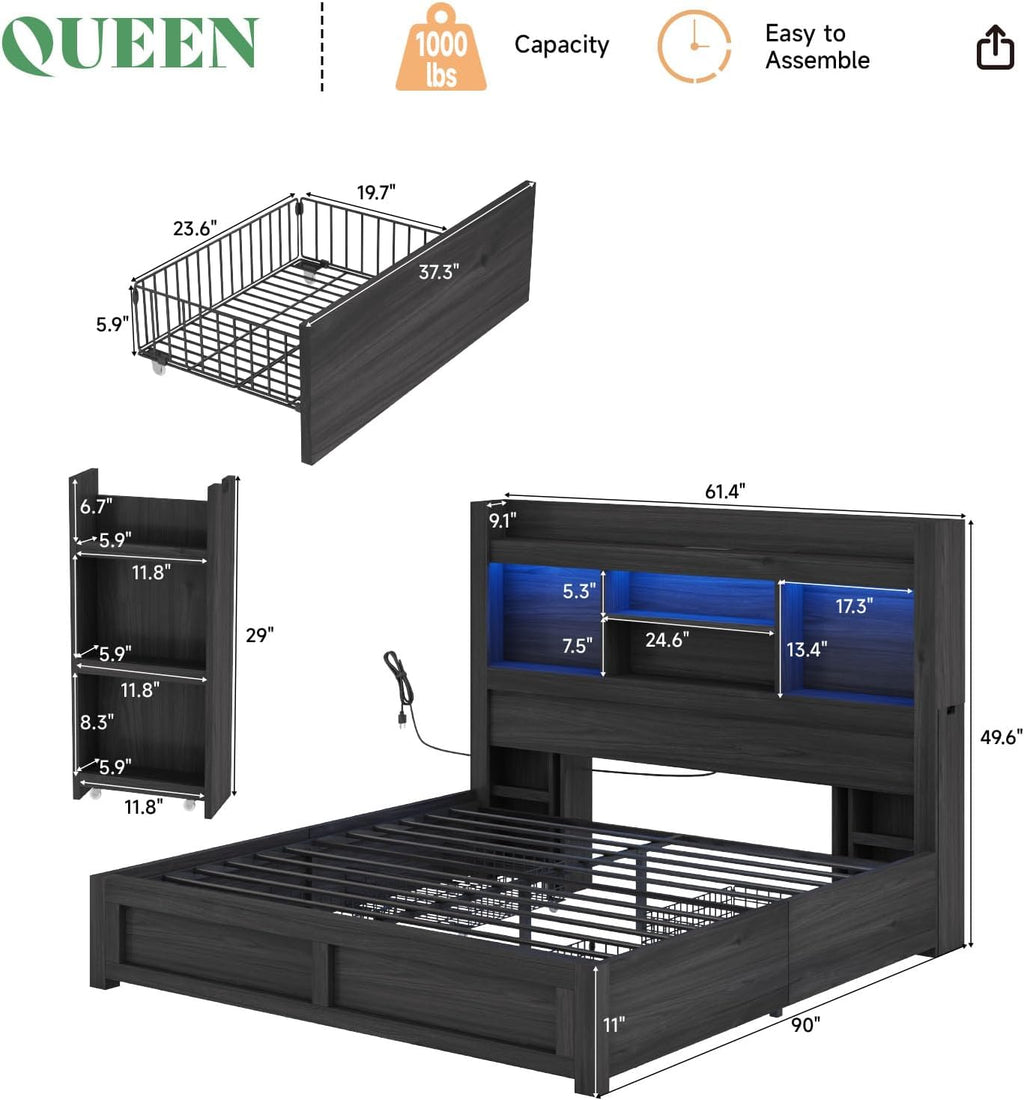 AMERLIFE Queen Bed Frame with 4 Storage Drawers, LED Bed Frame with 49.6' Tall Bookcase Headboard, Wood Platform Bed with Charging Station & 2 Slide Bedside Shelf, No Box Spring Needed/Black