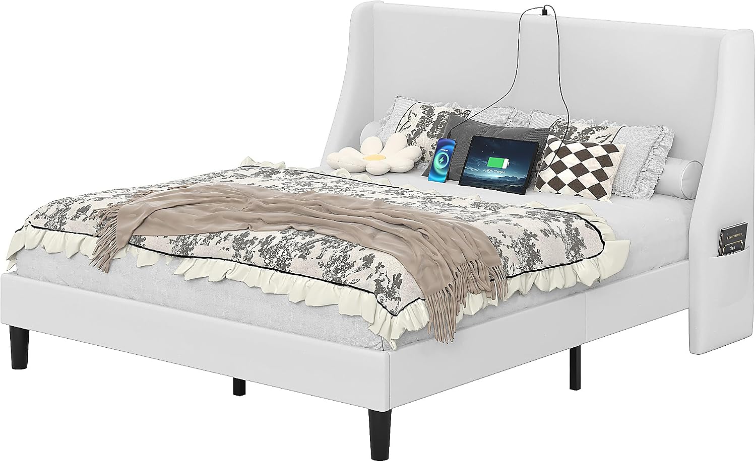 VECELO Queen Bed Frame with Upholstered Wingback Headboard, Heavy-Duty Platform Bedframe with Charging Station, Wooden Slats, No Box Spring Needed, White