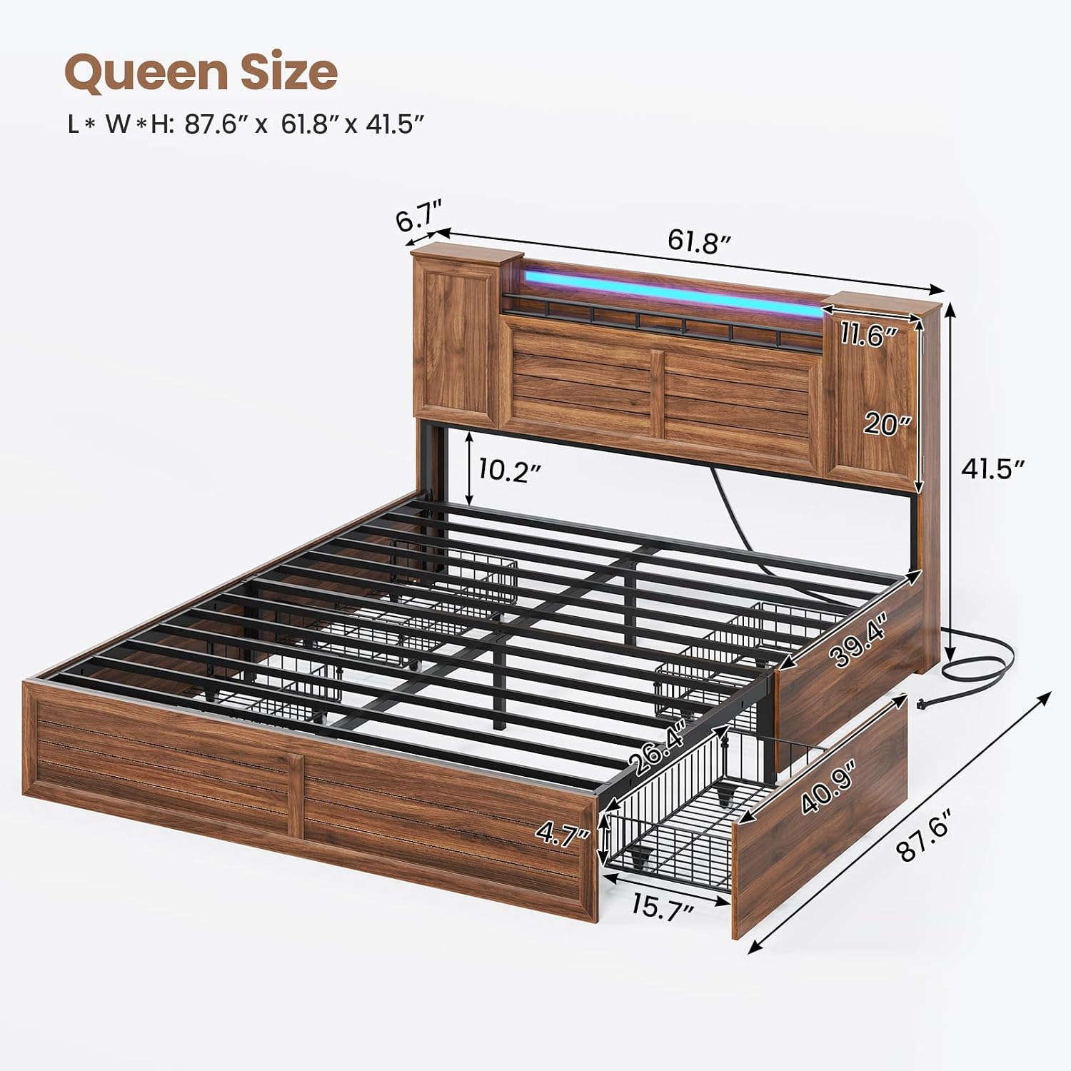 VIAGDO Farmhouse Queen Bed Frame with Headboard and Double Barn Door Storage Cabinets, Rustic Wooden Bed Frame Queen Size with Charging Station, 4 Drawers and LED Lights, No Box Spring Needed, Brown