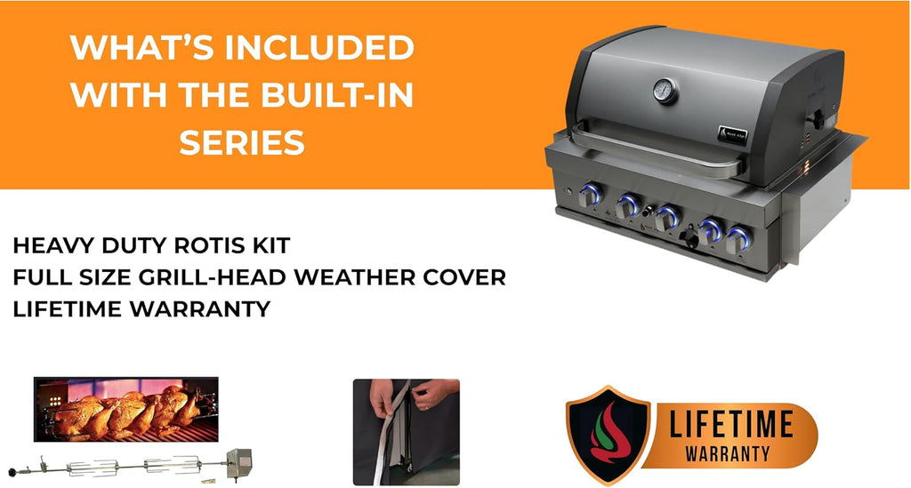 Mont Alpi Premium 32'W x 23'D x 21'H Stainless Steel 4-Burner 63000 BTUs Outdoor Kitchen Kitchen Island Heavy Duty Propane Built-in BBQ Grill Head with Infrared Rear Burner + Rotisserie Kit + Cover