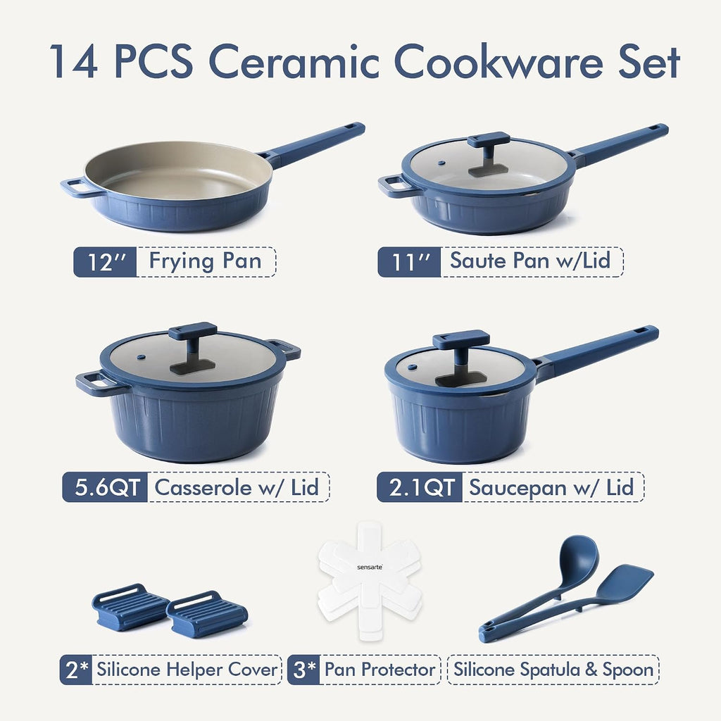 SENSARTE Ceramic Nonstick Cookware Set 15 Piece, includes 5 Qt Ceramic Nonstick Frying Pan Skillet with Lid