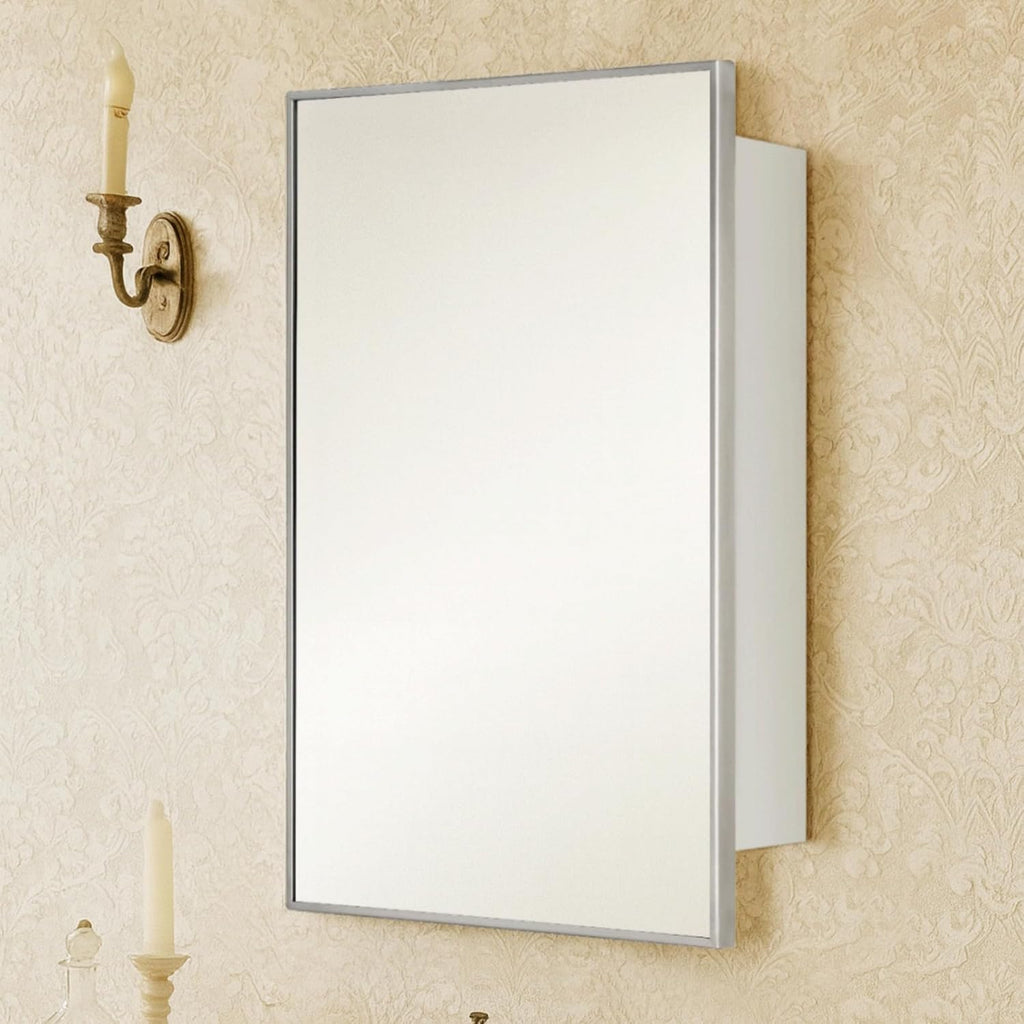 TEHOME 24'' x 30'' Brushed Nickel Recessed and Surface Mount Bathroom Nickel Medicine Cabinet with Mirror Square Cornered Metal Framed Rounded Rectangle Medicine Cabinet Mirror