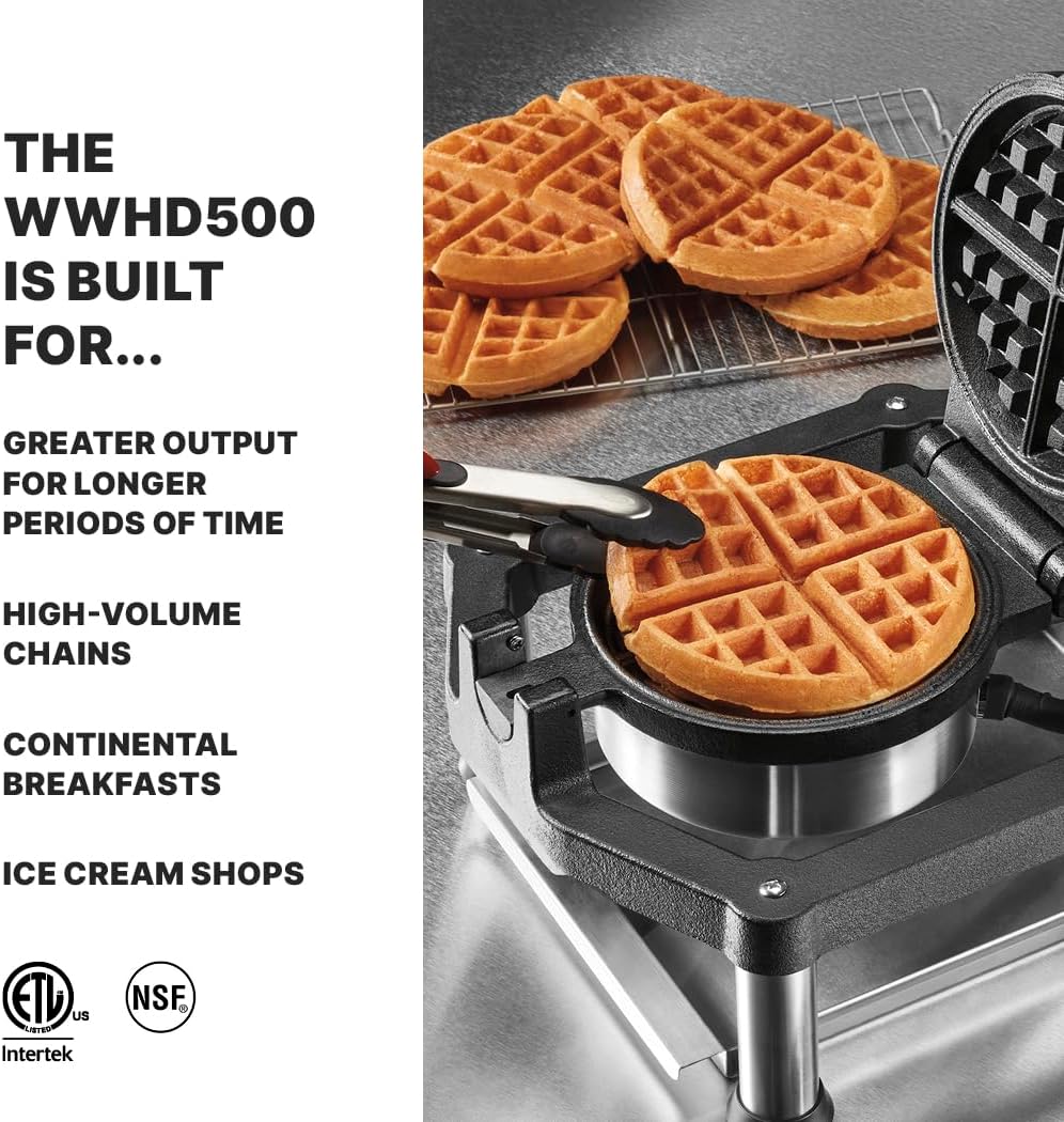 Waring Commercial Heavy-Duty Cast Iron Belgian Waffle Maker, 30 Waffles per Hour, 360° Rotating Design, for High-Volume Restaurants & Hotels, NSF Certified, WWHD500
