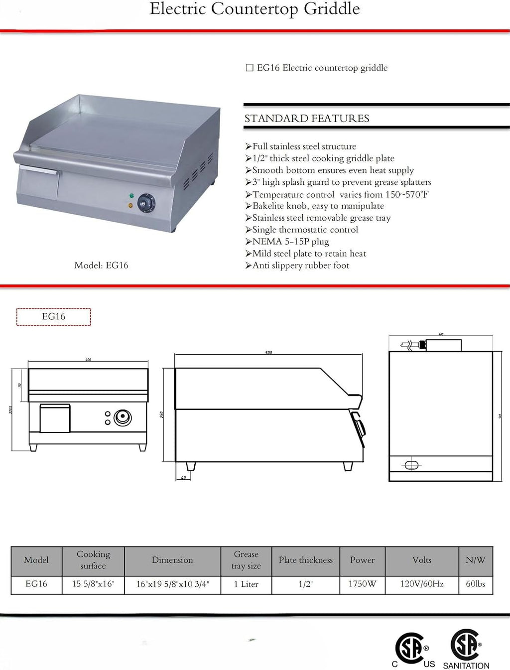 Commercial Electric Griddle, 16x19 inch Cooking Surface, Stainless Steel Flat Top Grill with Temperature Control, 1750W EG16 CSA