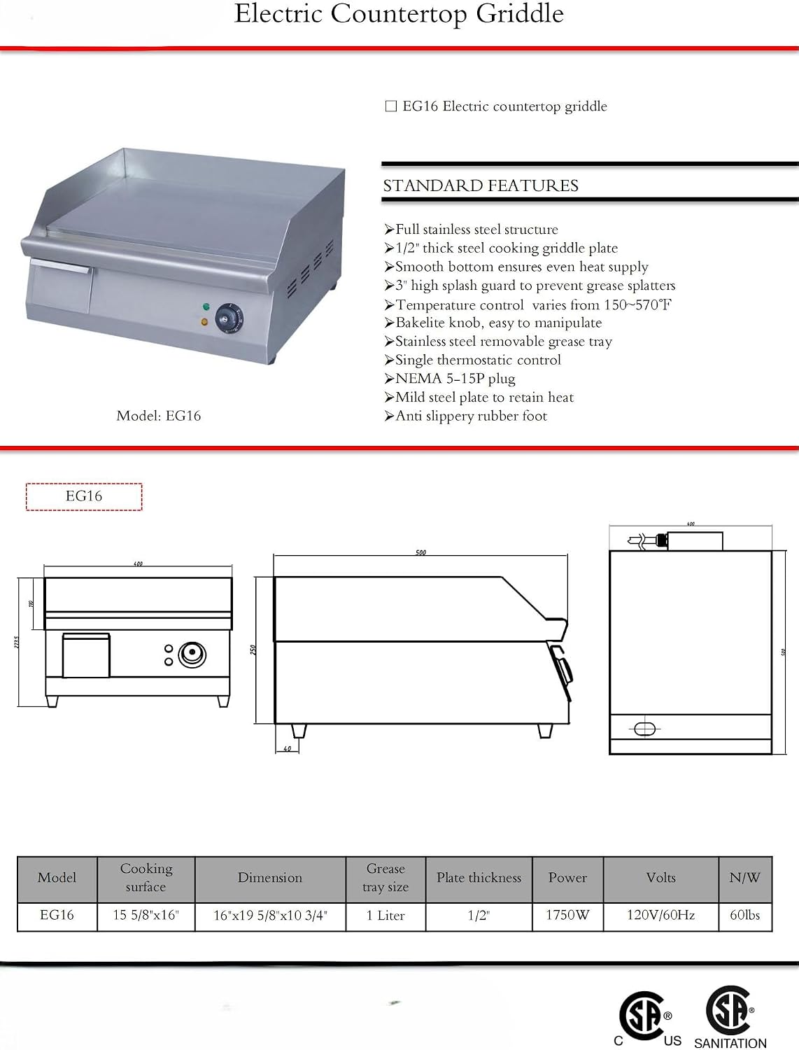 Commercial Electric Griddle, 16x19 inch Cooking Surface, Stainless Steel Flat Top Grill with Temperature Control, 1750W EG16 CSA