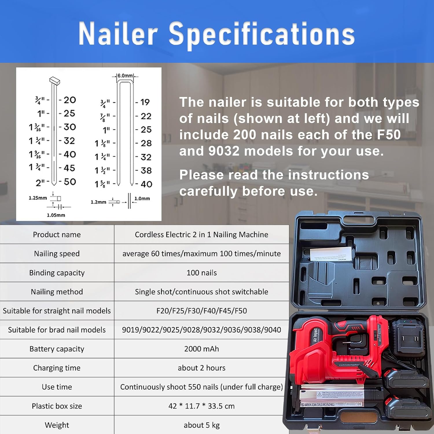 Cordless Electric 2 in 1 Nailer, Nailing Depth Adjustable, Handheld Woodworking Brad Nailer, Nailing Machine for Wood, with Auxiliary Lighting, for Homes, Renovation Companies Red