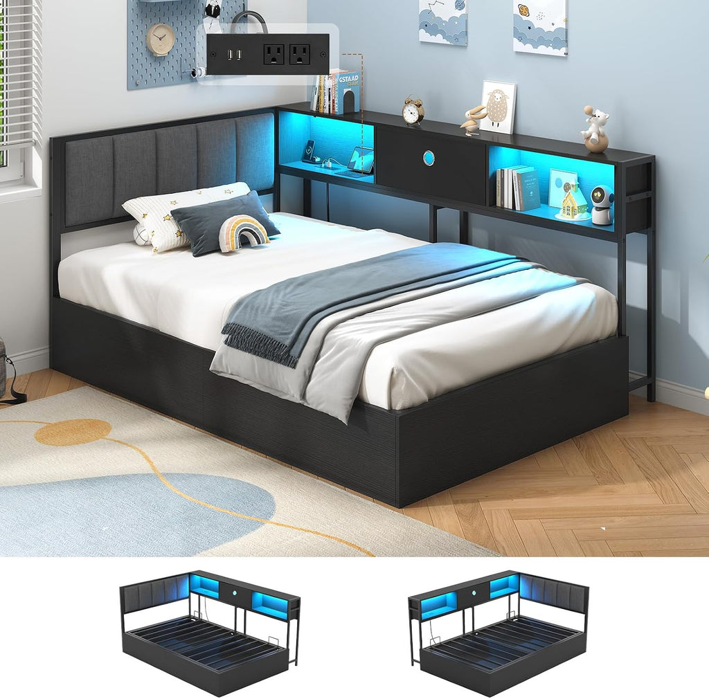 Hasuit Corner Twin Lift Up Storage Bed Frame with Charging Station & LED Lights, Twin Day Bed with Upholstered Headboard and Bookcase, Corner Beds with Hydraulic for Kids Teens Guests, Black