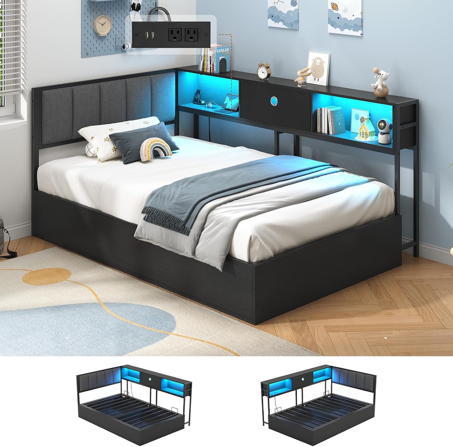 Hasuit Corner Twin Lift Up Storage Bed Frame with Charging Station & LED Lights, Twin Day Bed with Upholstered Headboard and Bookcase, Corner Beds with Hydraulic for Kids Teens Guests, Black