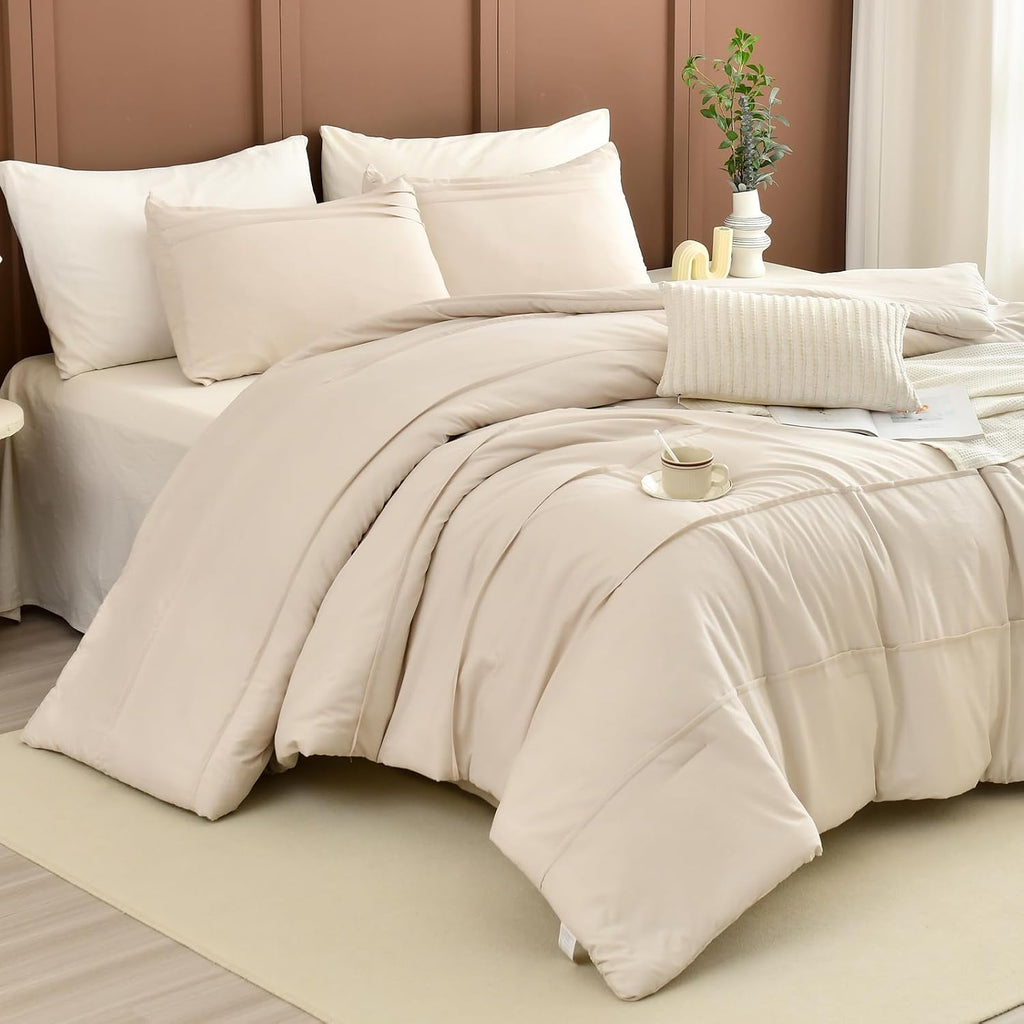 Masaca Oversized King Comforter 128'x120',Solid Color Pinch Pleated Extra Large King Comforter Set,3 Pieces Soft Textured Wheat Bedding Comforter Set Ultra Soft