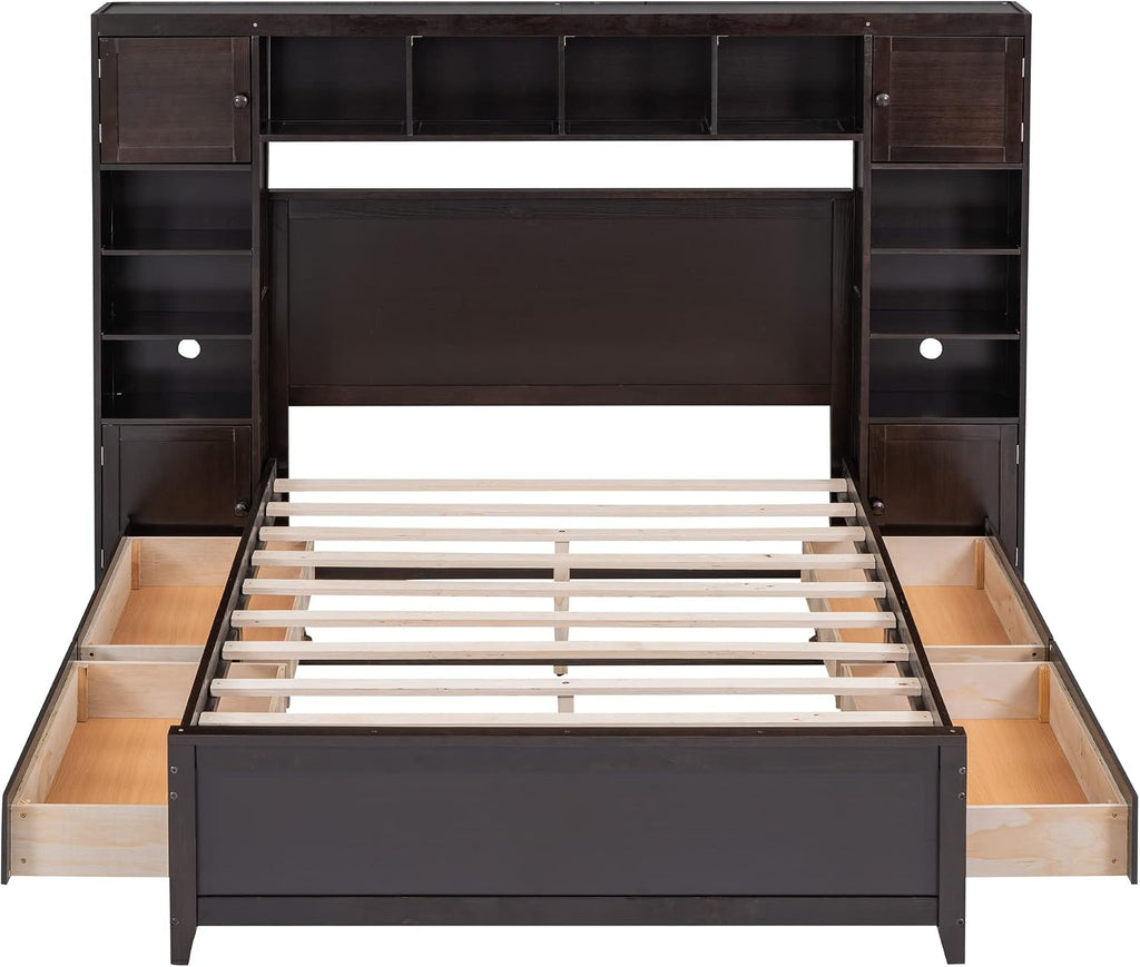 Harper & Bright Designs Full Size Platform Bed Frame with Bookcase Headboard and Drawers, Solid Wood Bed Frame with All-in-One Cabinet and Shelf for Saving Space, Espresso
