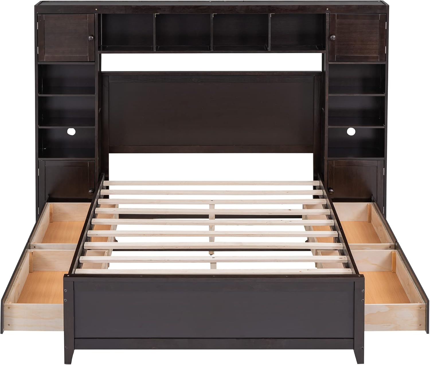 Harper & Bright Designs Full Size Platform Bed Frame with Bookcase Headboard and Drawers, Solid Wood Bed Frame with All-in-One Cabinet and Shelf for Saving Space, Espresso