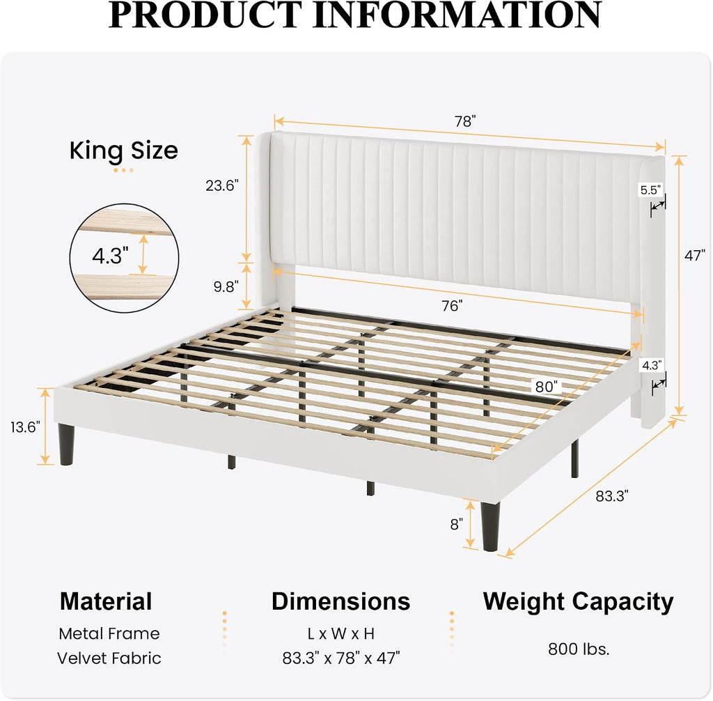 SHA CERLIN King Size Velvet Bed Frame with Vertical Channel Tufted Wingback Headboard, Upholstered Platform Bed with Wood Slats, No Box Spring Needed, Easy Assembly, White
