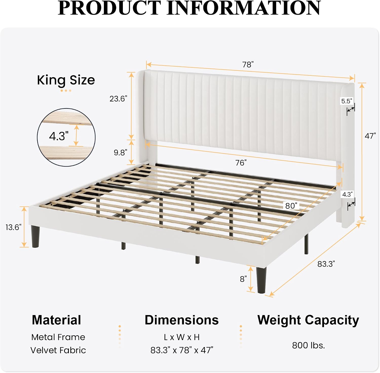 SHA CERLIN King Size Velvet Bed Frame with Vertical Channel Tufted Wingback Headboard, Upholstered Platform Bed with Wood Slats, No Box Spring Needed, Easy Assembly, White