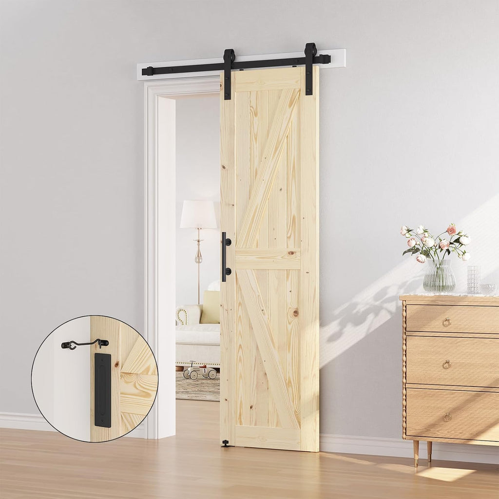 SMARTSTANDARD 28in x 84in Sliding Barn Door with 5ft Barn Door Hardware Kit Included, Unfinished Solid Spruce Wood Door, Assembly Required, DIY, Stainable, Natural
