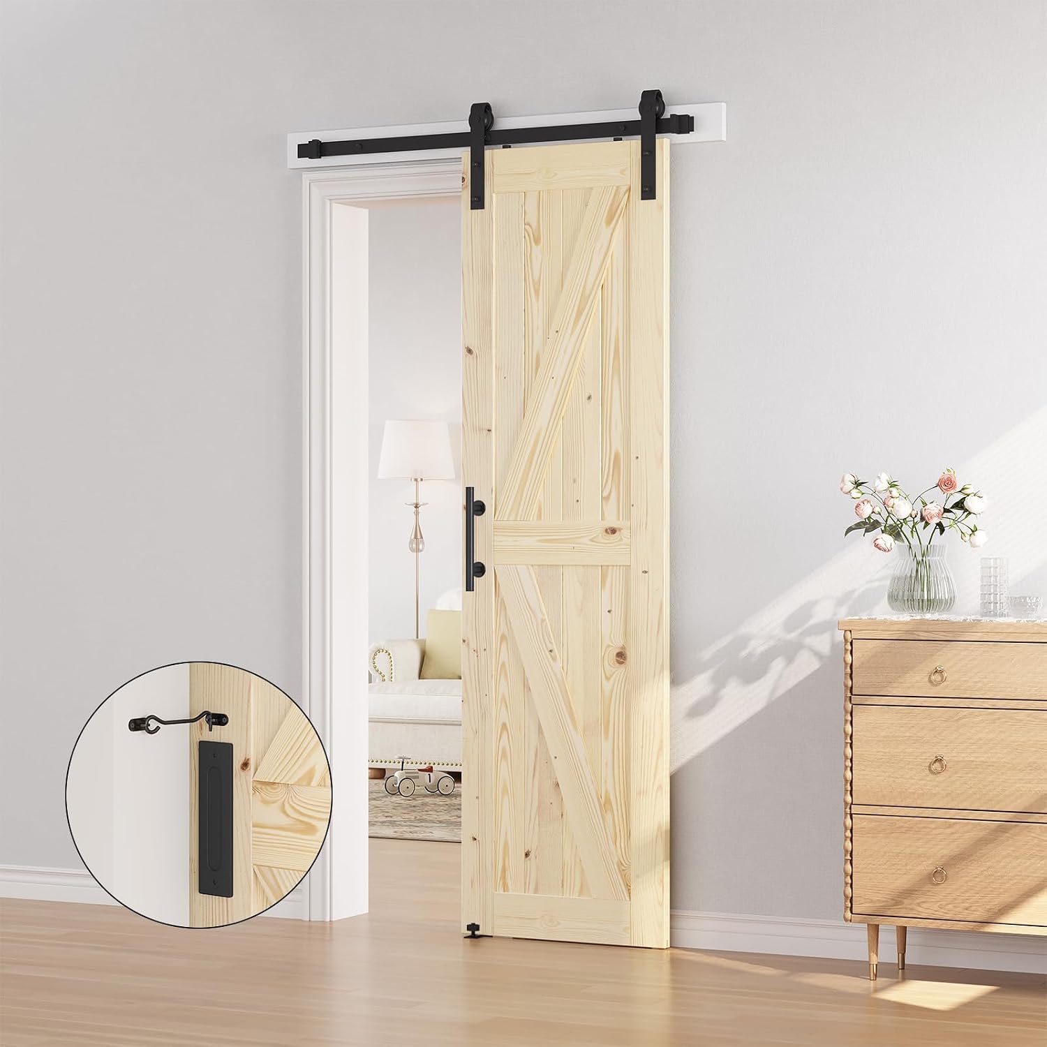 SMARTSTANDARD 28in x 84in Sliding Barn Door with 5ft Barn Door Hardware Kit Included, Unfinished Solid Spruce Wood Door, Assembly Required, DIY, Stainable, Natural