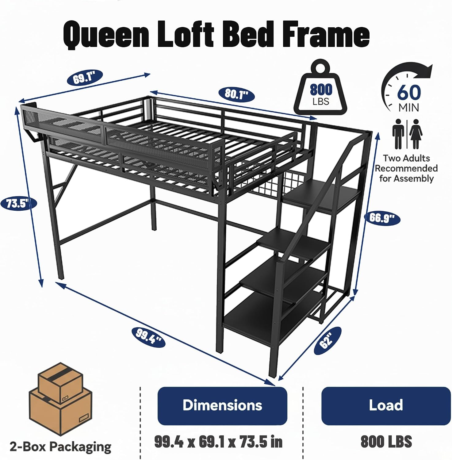 Queen Size Loft Bed with Stairs and LED Light, Metal Loft Bed Frame with Shelf for Adults, Tall Loft Beds with Storage Shelves and Wardrobe for Kids Boys Girls Teens, Convertible Staircase, Black