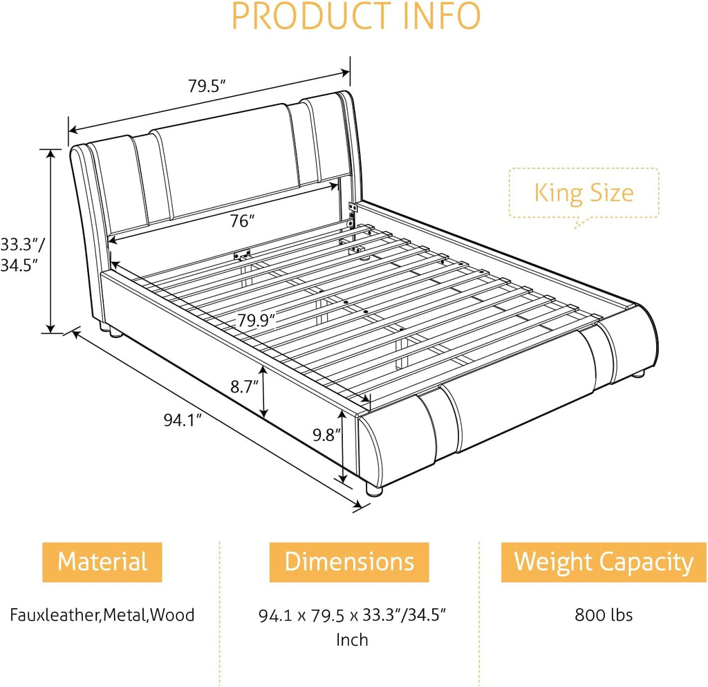 SHA CERLIN King Size Bed Frame with Iron Pieces Decor and Adjustable Headboard/Deluxe Upholstered Modern Platform Bed with Solid Wooden Slats Support/No Box Spring Needed, White