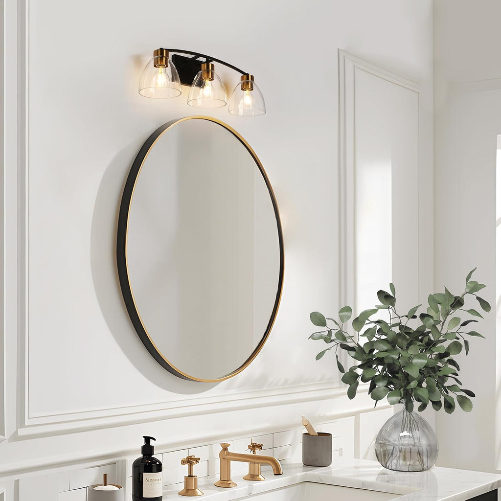 KSANA Bathroom Light Fixtures, 3-Light Black and Plating Brass Vanity Lights for Bathroom, 22.8'' Modern Farmhouse Bathroom Lighting Lights Over Mirror with Clear Glass Shade