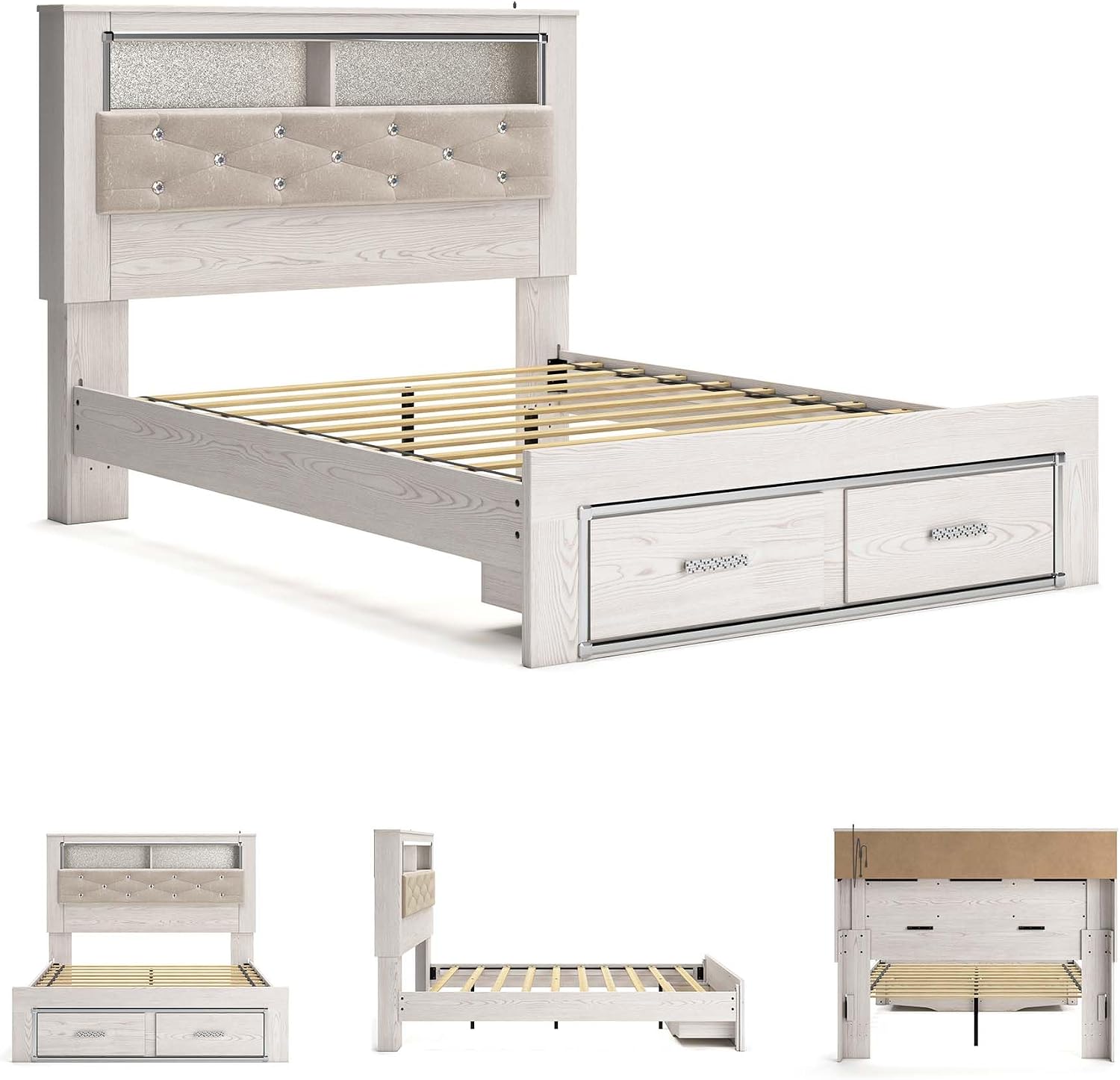 Signature Design by Ashley Altyra Contemporary Tufted Queen Upholstered Bookcase Platform Bed with LED Lights and 2 Drawers, Foundation or Box Spring Not Needed, White & Gray