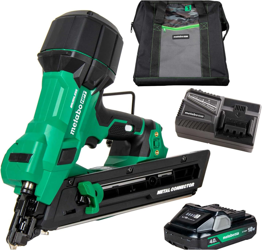 Metabo HPT 18V MultiVolt Brushless 1-1/2' Metal Connector Nailer, Cordless Air Spring Nailer with 18V 4.0Ah Battery, Lightweight Design, 600 Nails Per Charge, Sequential Actuation, NR1838DKA