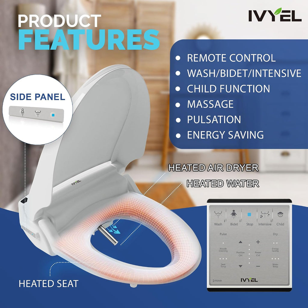 J-2R Smart Electric Bidet for Toilet Seat,For Elongated toilet,Warm water,Heated bidet toilet seat,Remote Control,Heated Dryer,Child Function,Stainless Steel Self-Cleaning Nozzle,LED Night Light